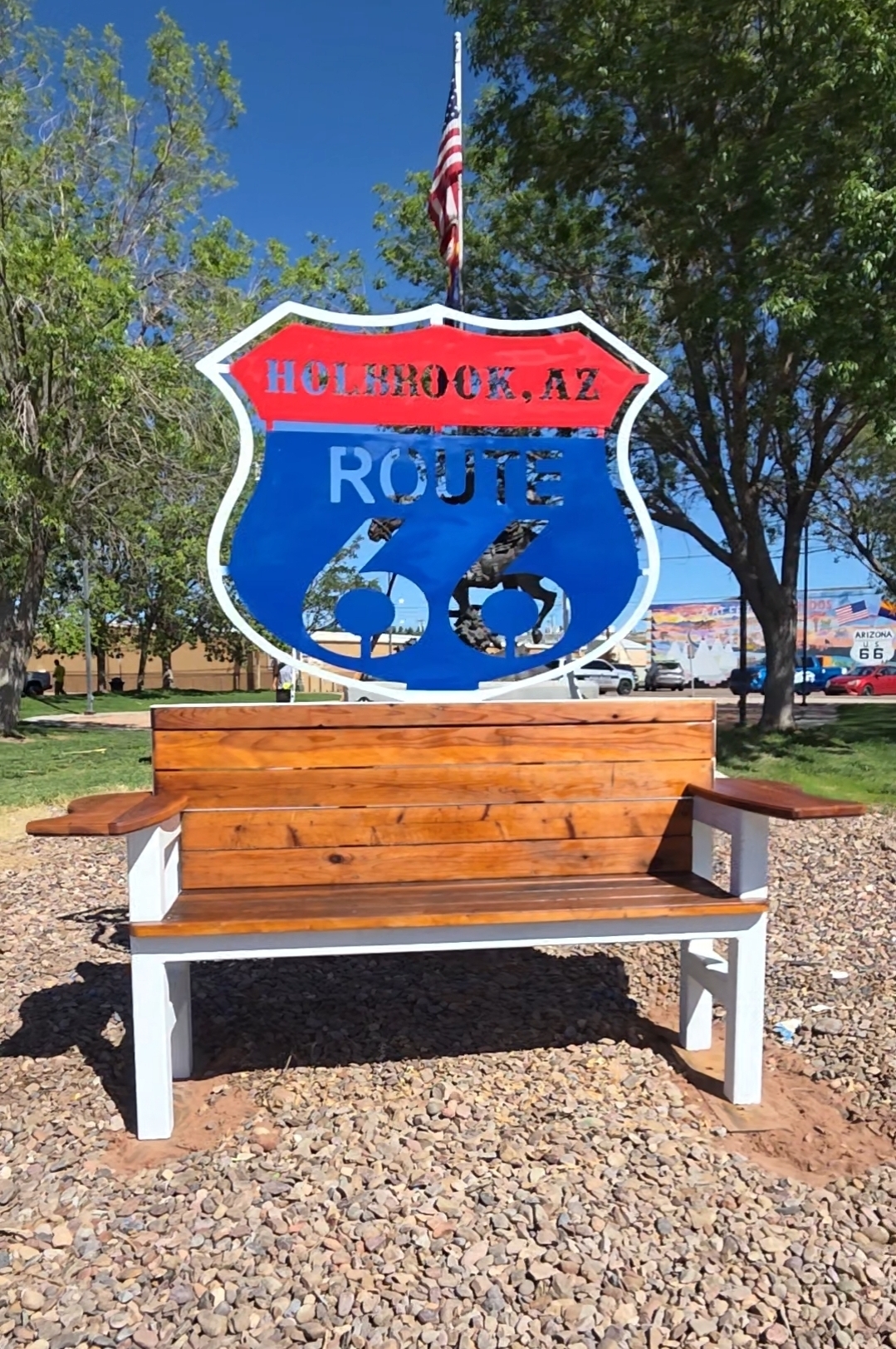 The new Route 66 bench at Hopi Drive and Navajo Boulevard