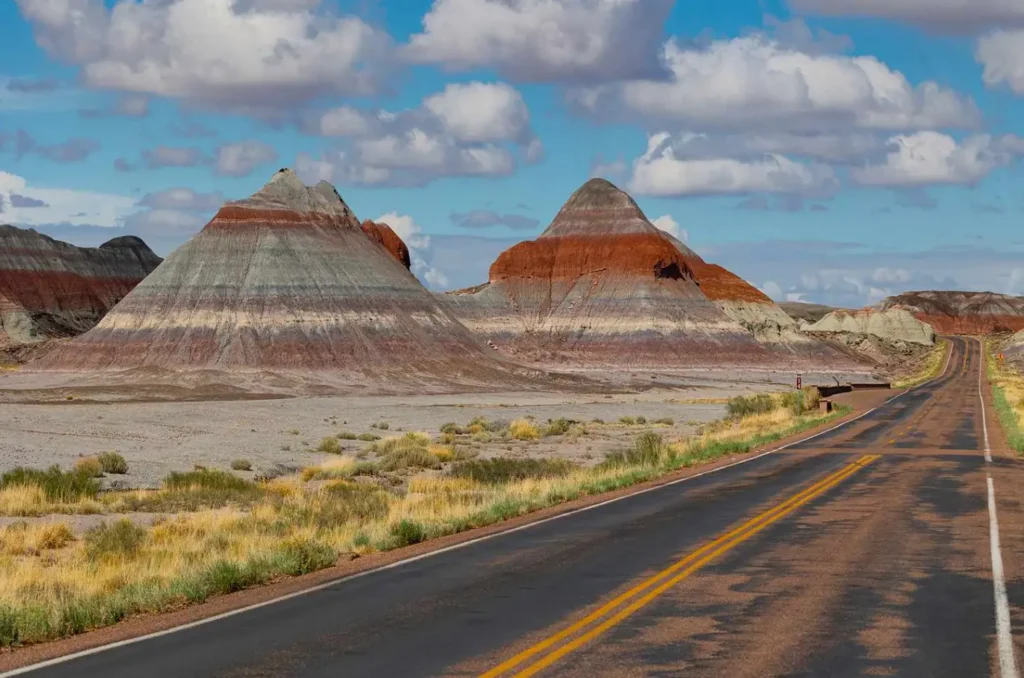 Cone shaped badland hills striped in red, gray and white beside the paved park road