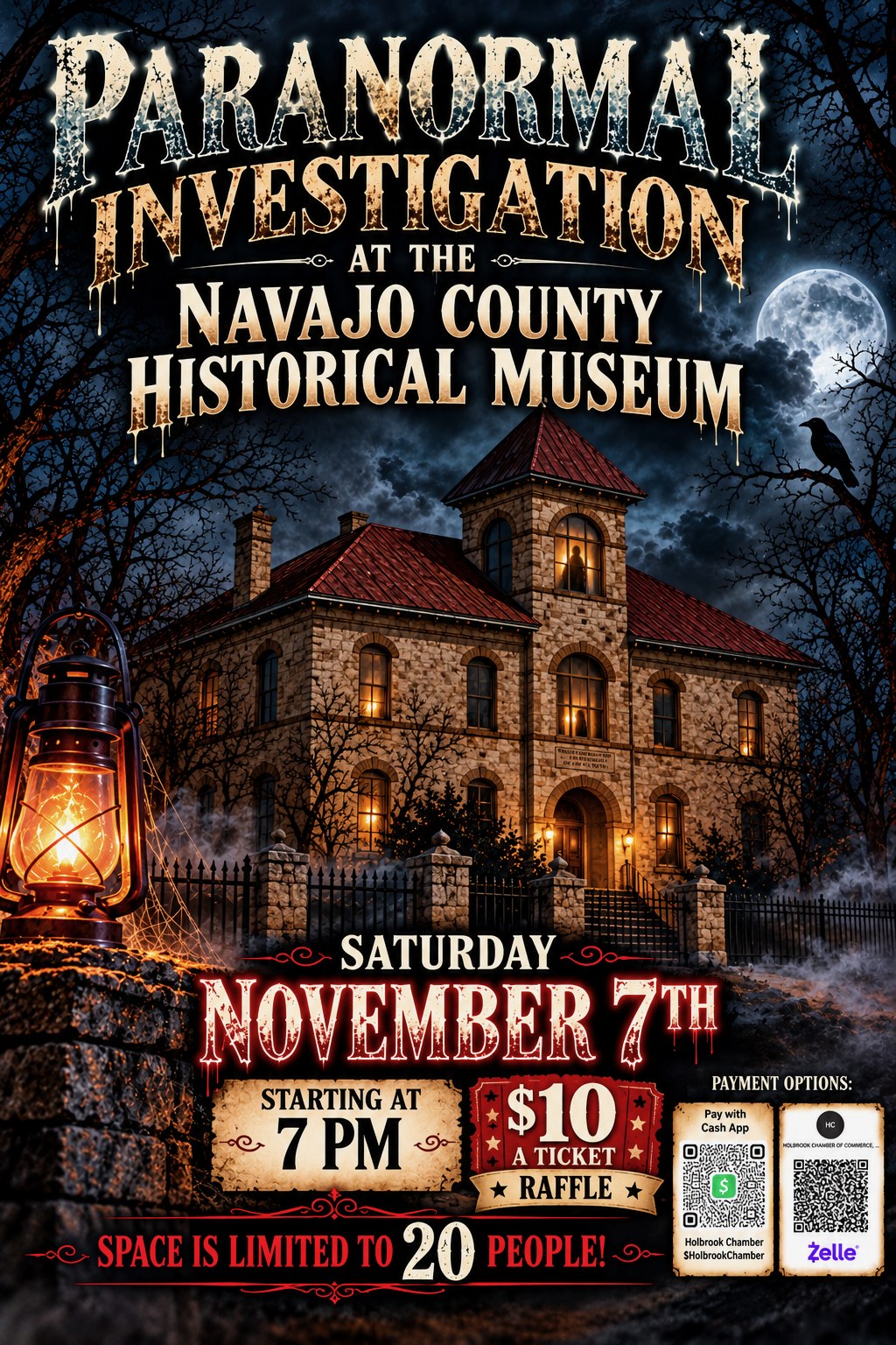 Flyer for the Paranormal Investigation at the Navajo County Historical Museum in Holbrook, Arizona, Saturday November 7 at 7 PM