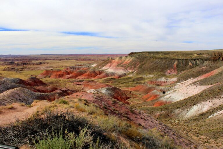 Red badland hills and open grassland under a cloudy sky at Petrified Forest National Park