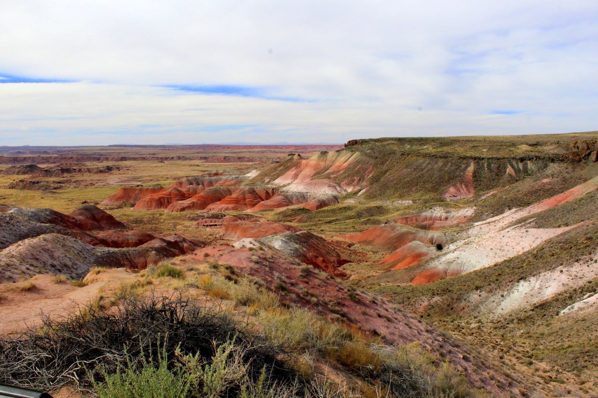 Red badland hills and open grassland under a cloudy sky at Petrified Forest National Park
