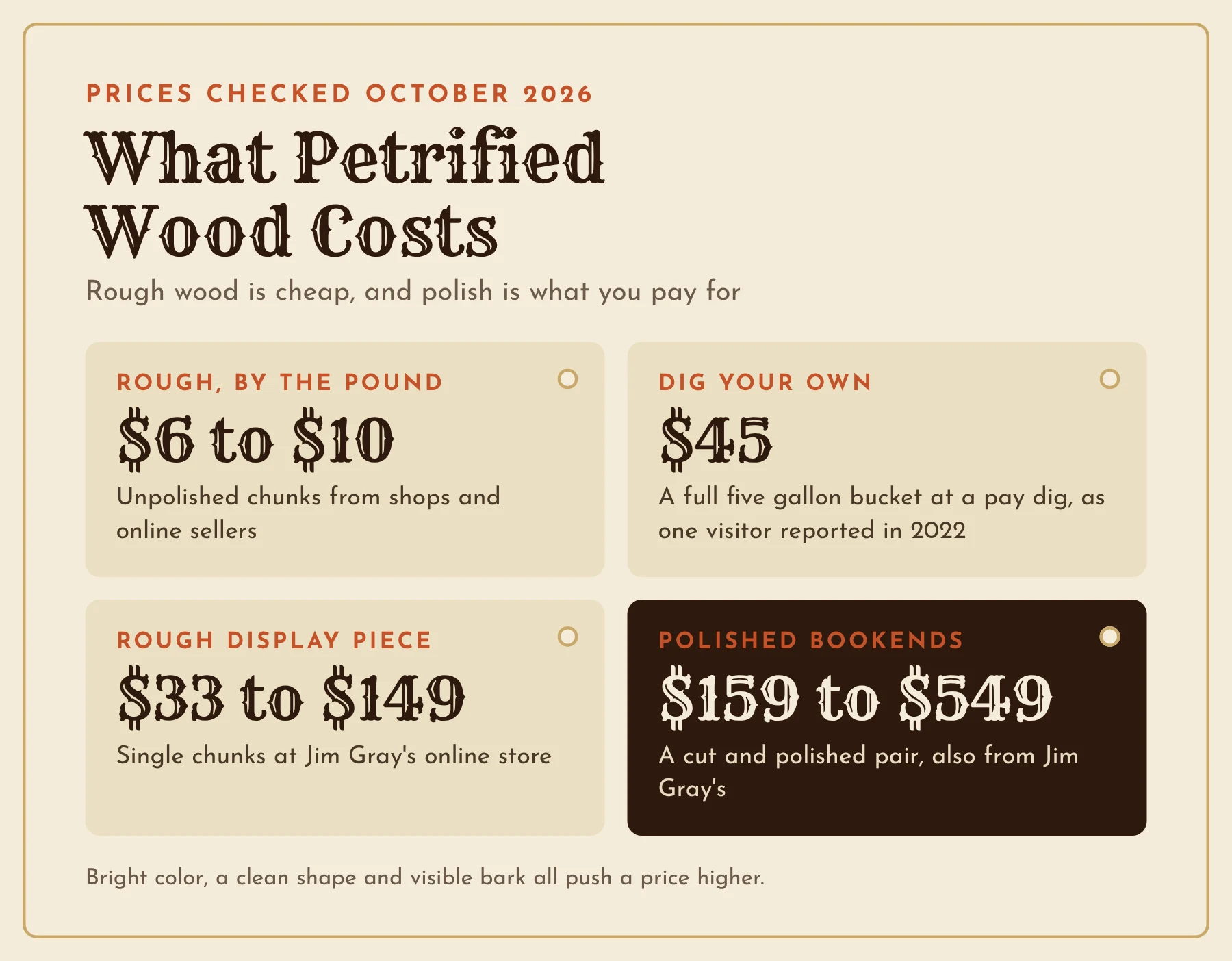 Price guide for petrified wood in October 2026, from 6 to 10 dollars a pound for rough wood up to 159 to 549 dollars for polished bookends